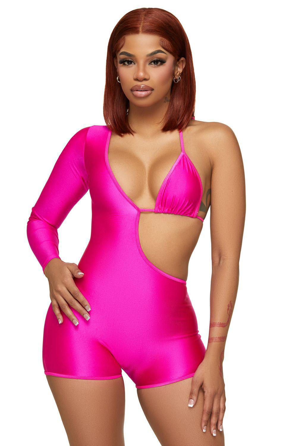 Fuchsia One Sleeve Bikini Romper