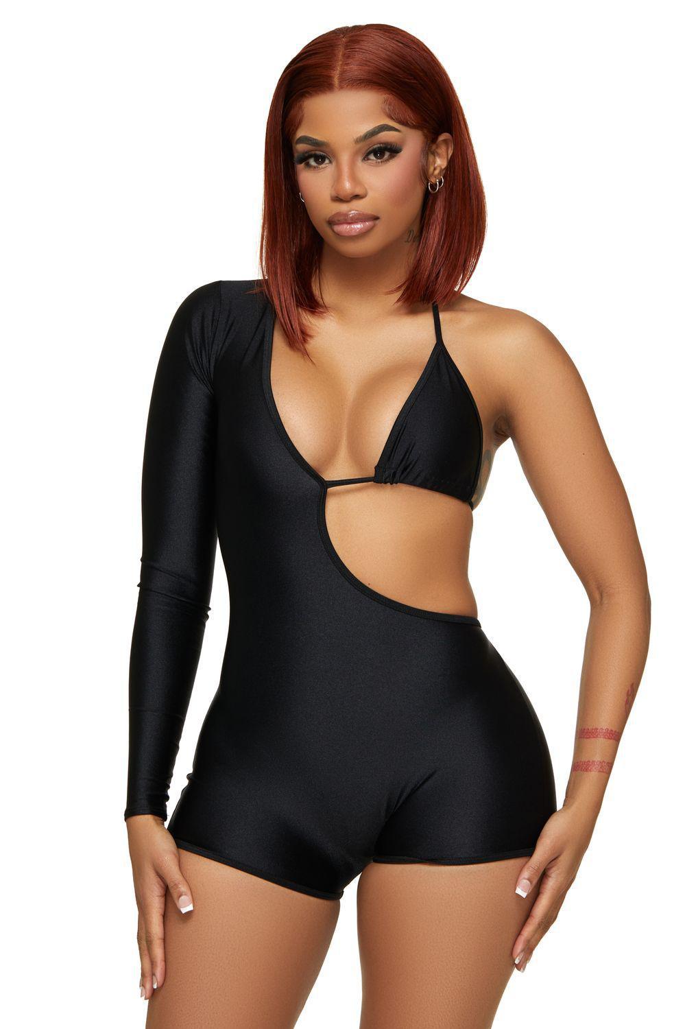 Black One Sleeve Bikini Romper