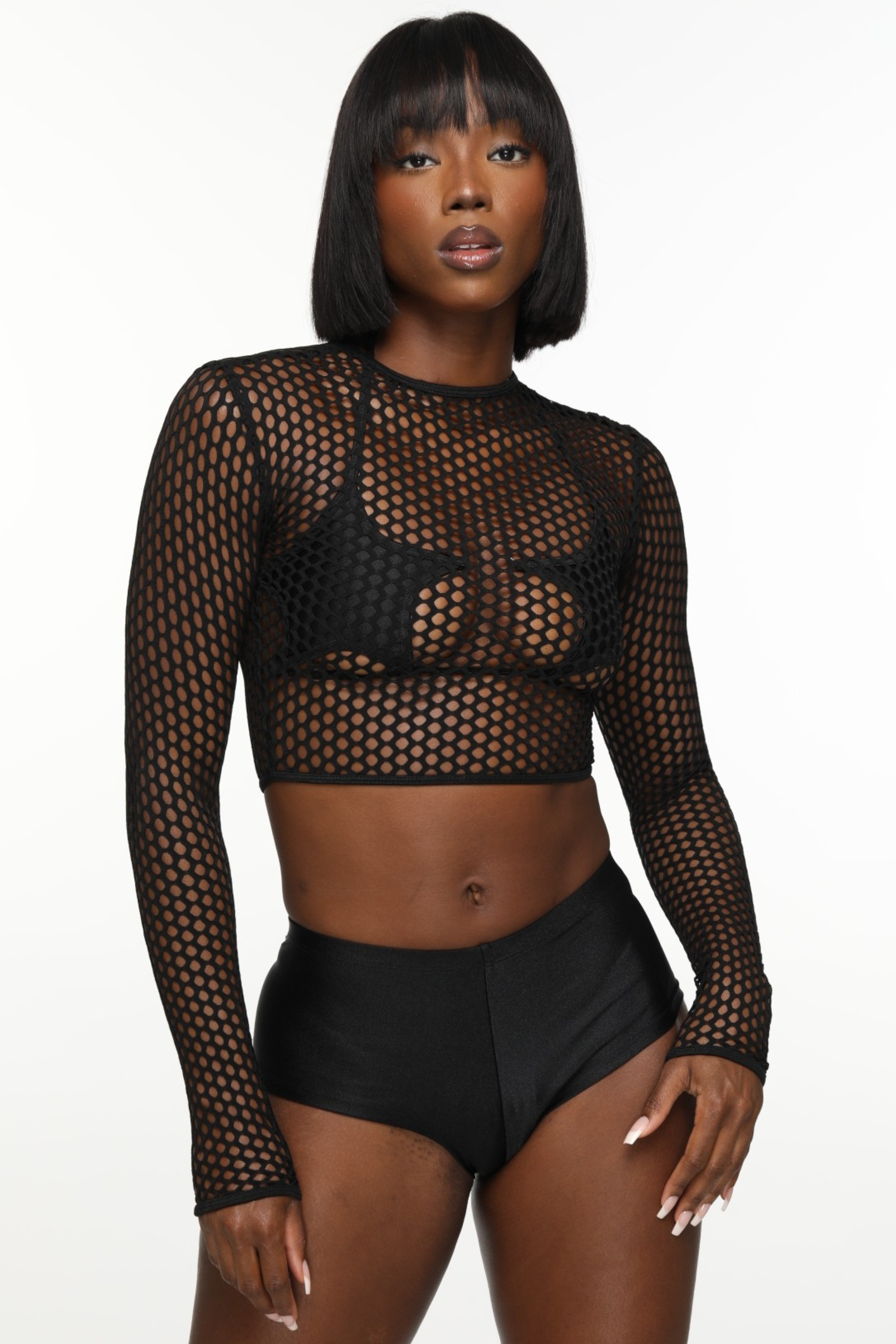 Black Fishnet Long Sleeve Crop Top
