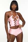 Bubblegum Pink Halter Lace Up Sides Crop Top
