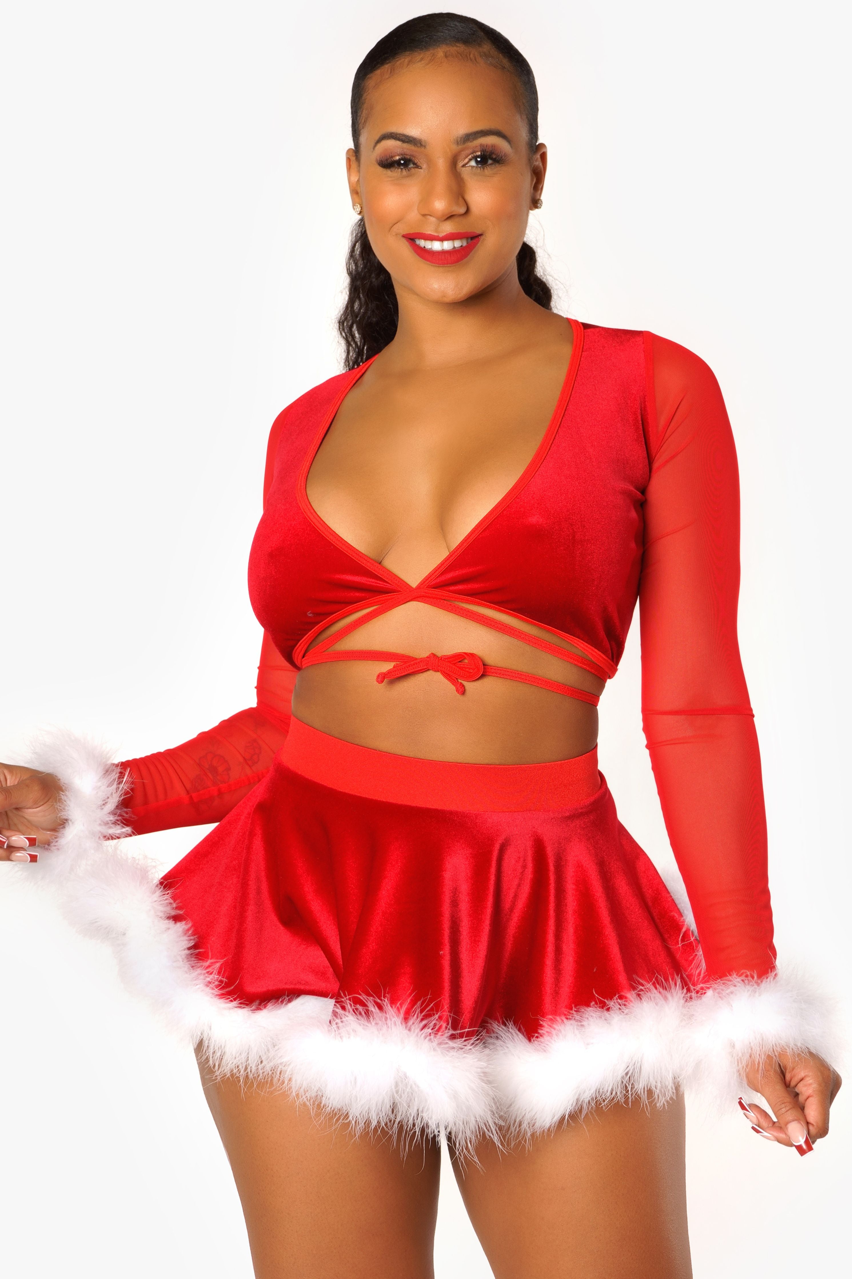 Red velvet Tie Up Top With Fur