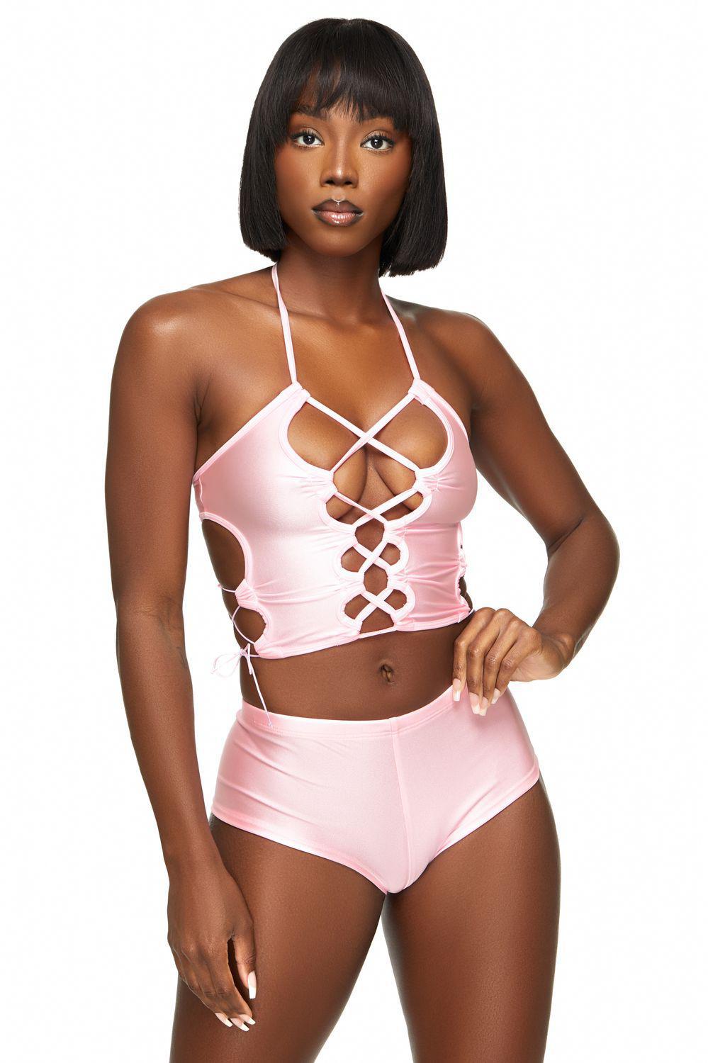 Bubblegum Pink Halter Lace Up Sides Crop Top