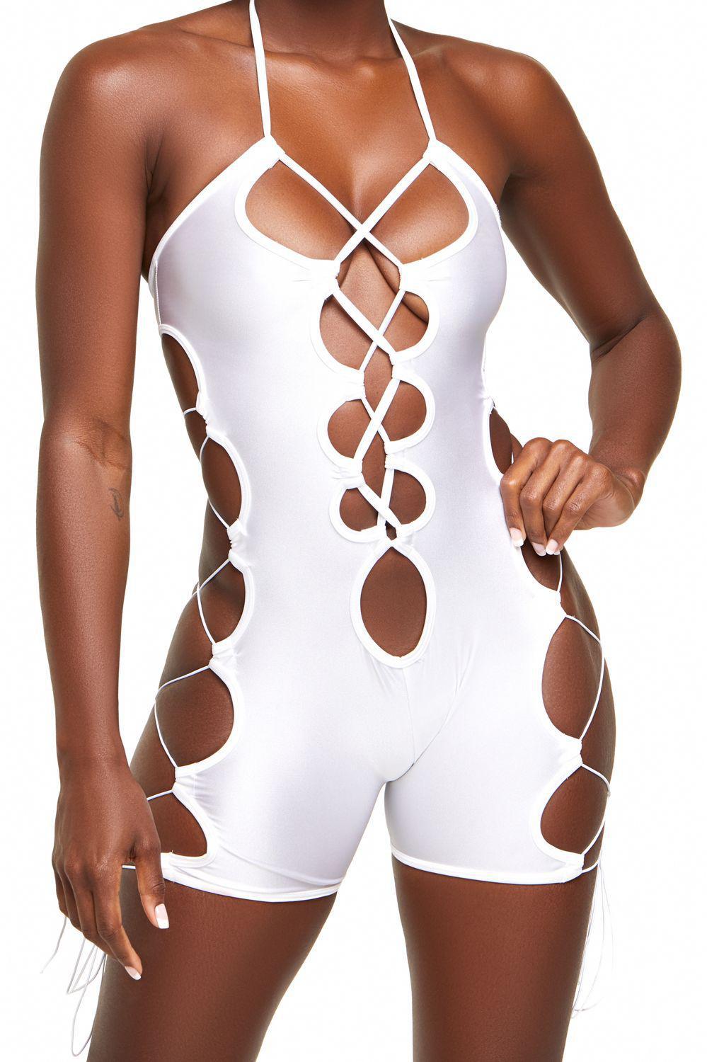 White Halter Lace Up Romper