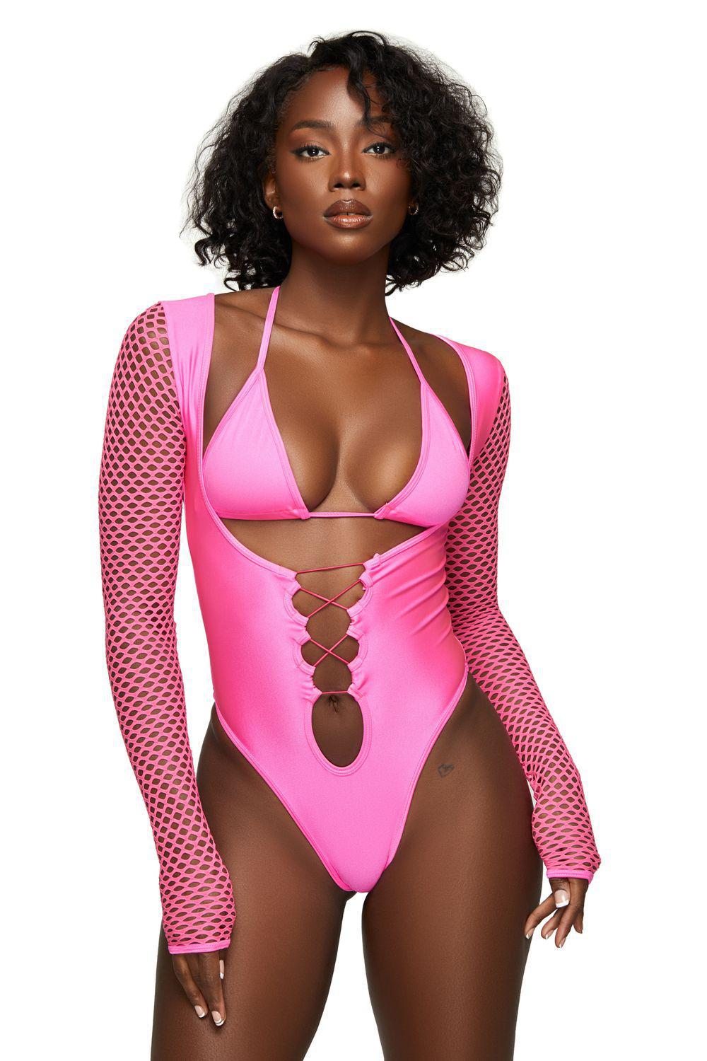 Neon Pink Open Front Lace Up Bodysuit Bikini Top