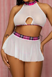 White Mesh Skirt With Pink Plaid Band