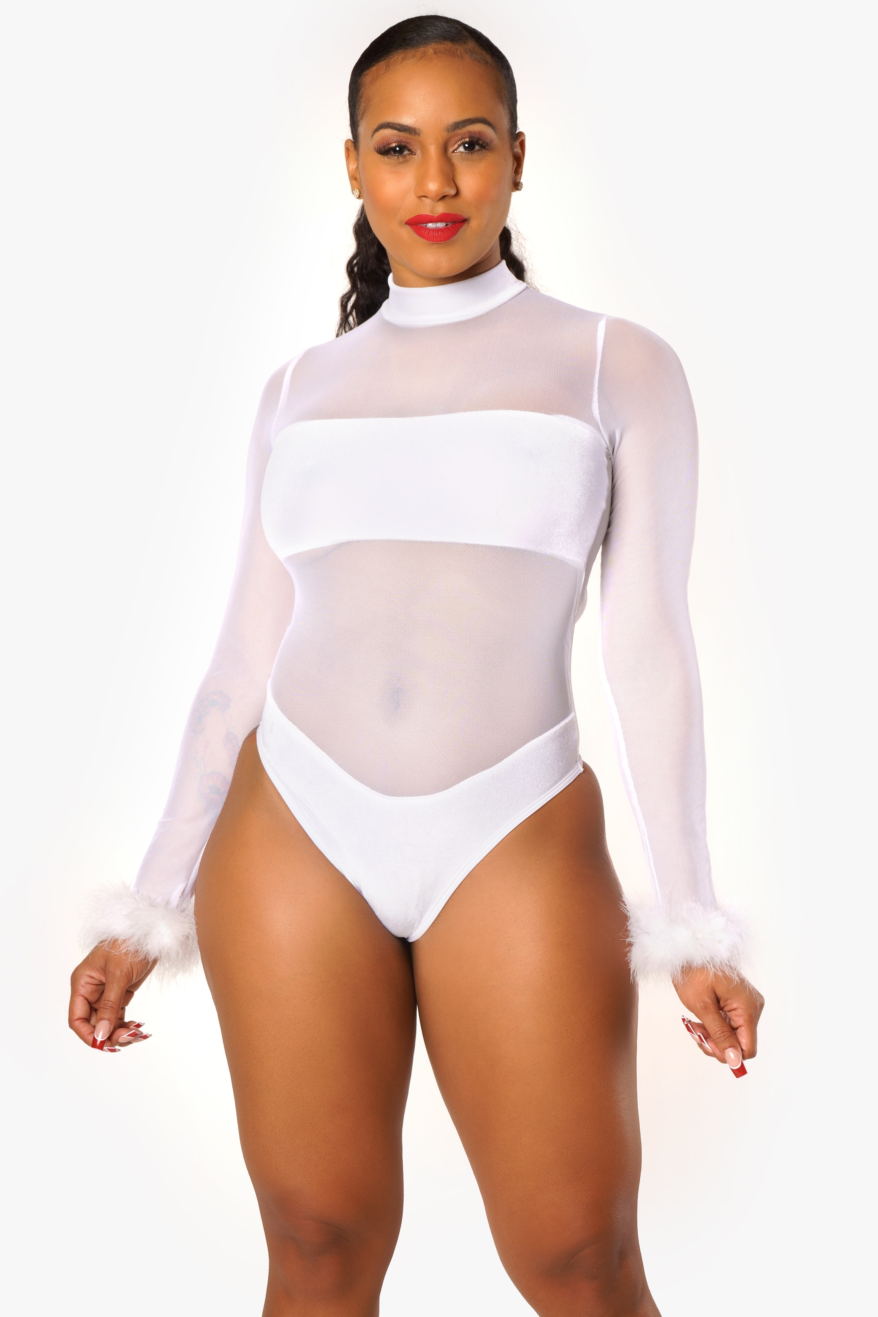 White Velvet and Sheer Long Sleeve Bodysuit