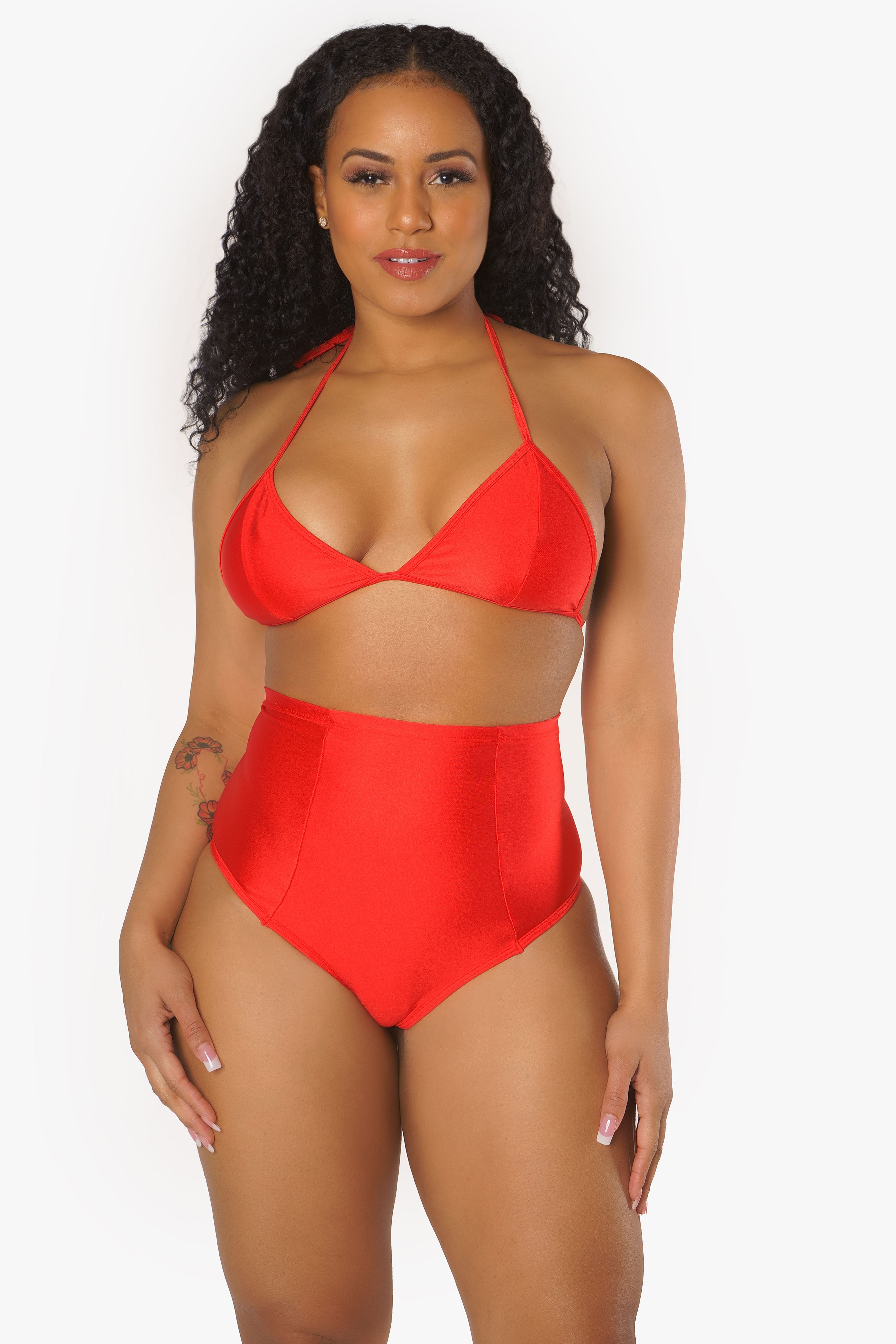 Red Bikini Top and High Waisted Bottoms Set