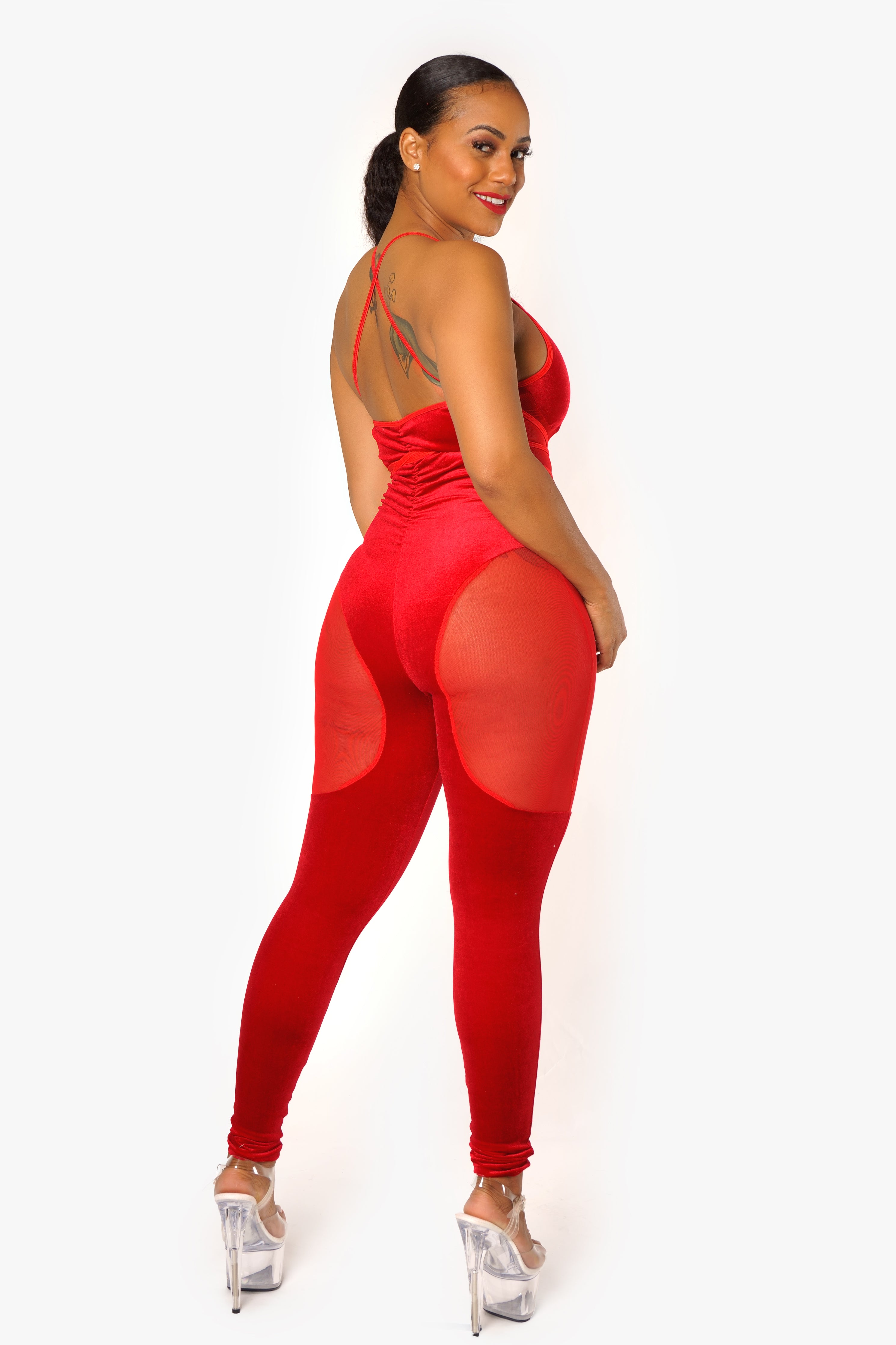 Red Velvet and Sheer Jumpsuit
