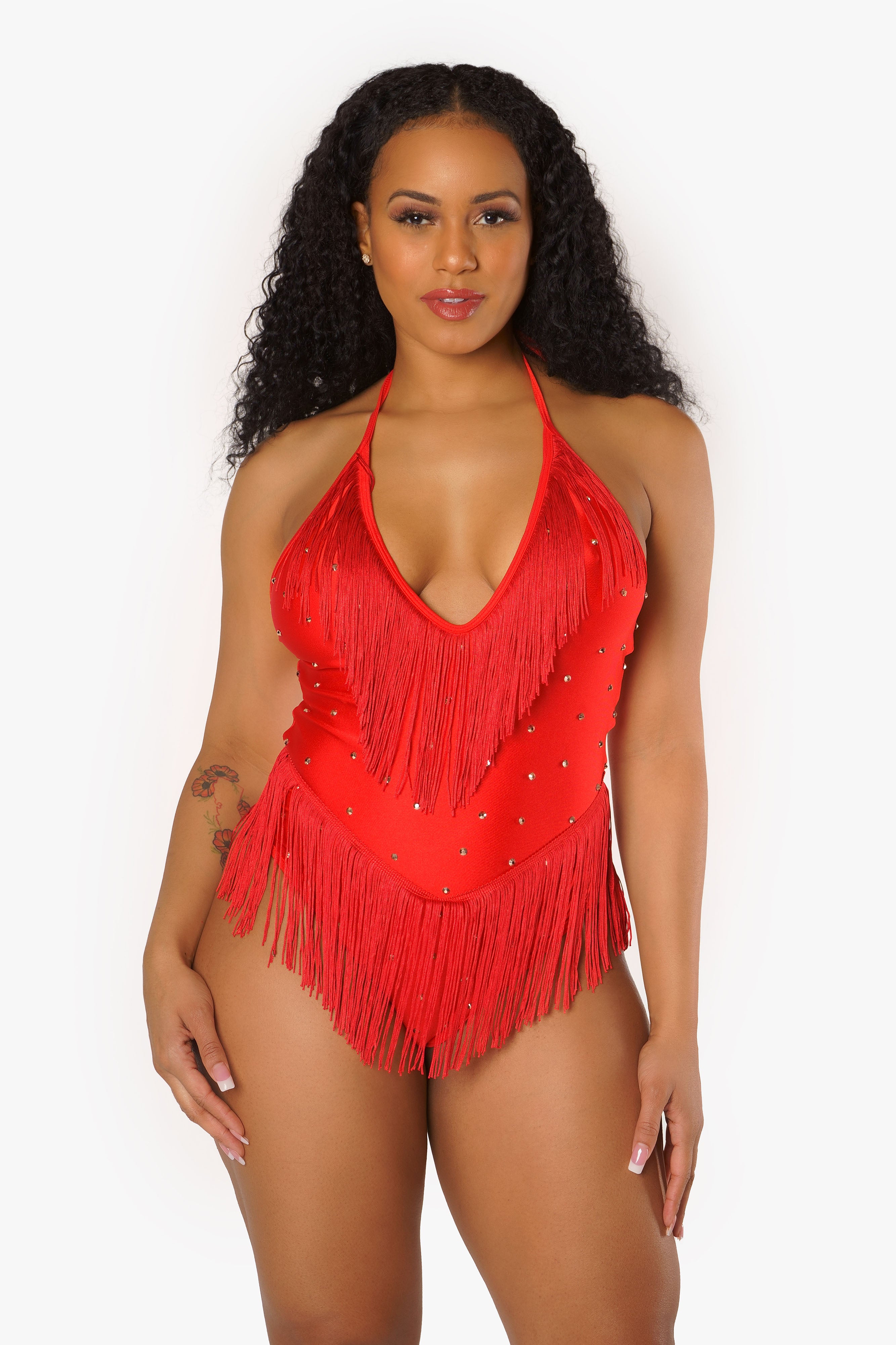 Red Fringe and Rhinestone Halter Bodysuit