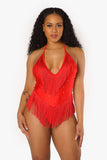 Red Fringe and Rhinestone Halter Bodysuit
