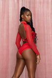 Red Velvet Criss Cross Cut Out Bodysuit with Sheer Long Sleeves