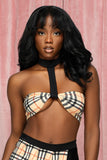 Tan Plaid On Black Tube Top Choker