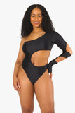 Black One Shoulder Double Cut Out Illusion Bodysuit