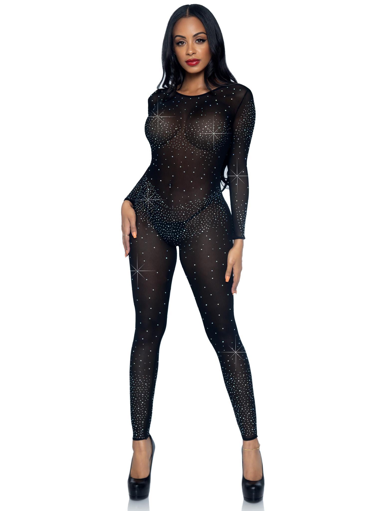 Black Sheer Rhinestone Catsuit