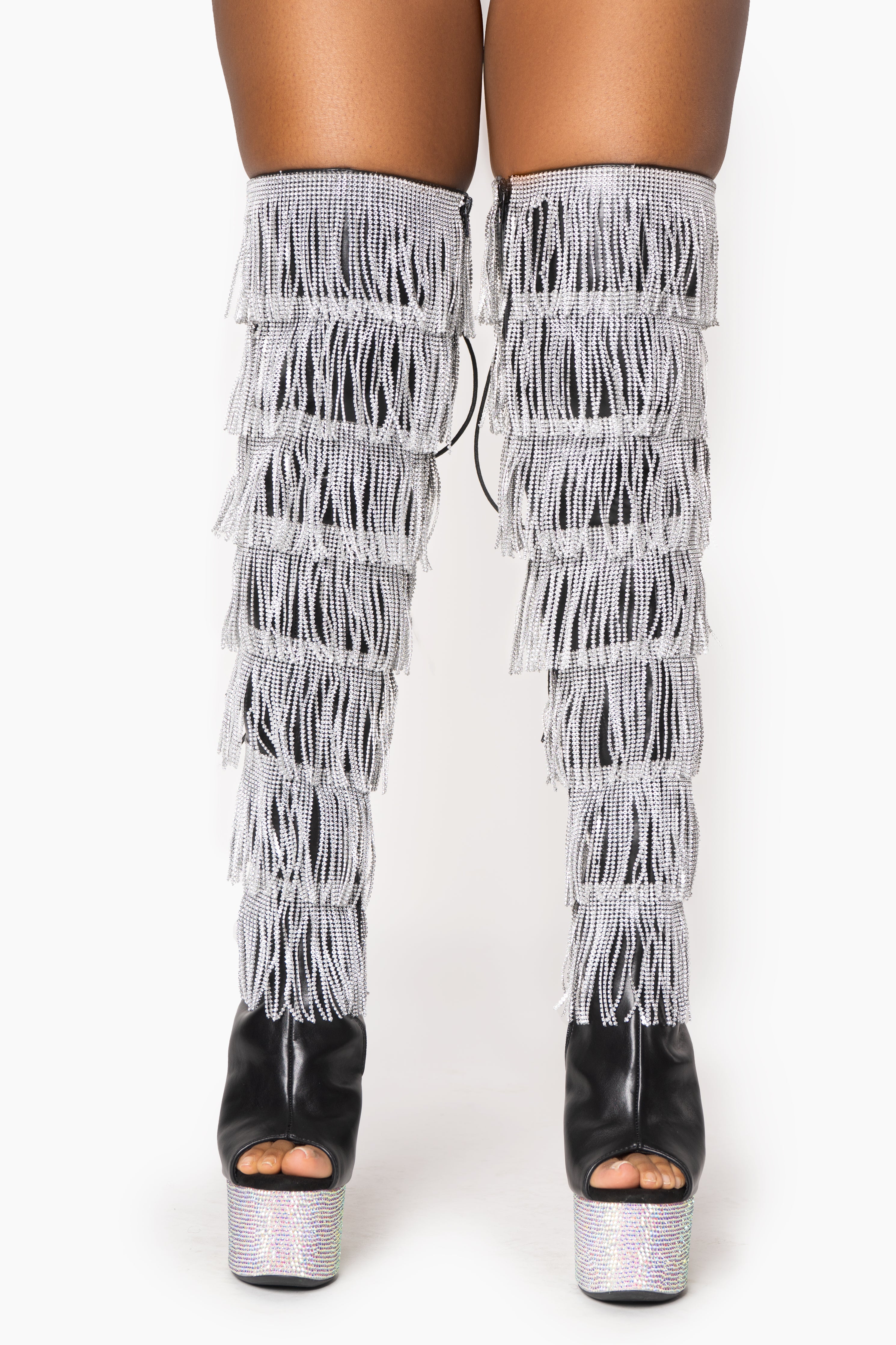 Rhinestone Fringe Thigh High Boots with Diamond Platform