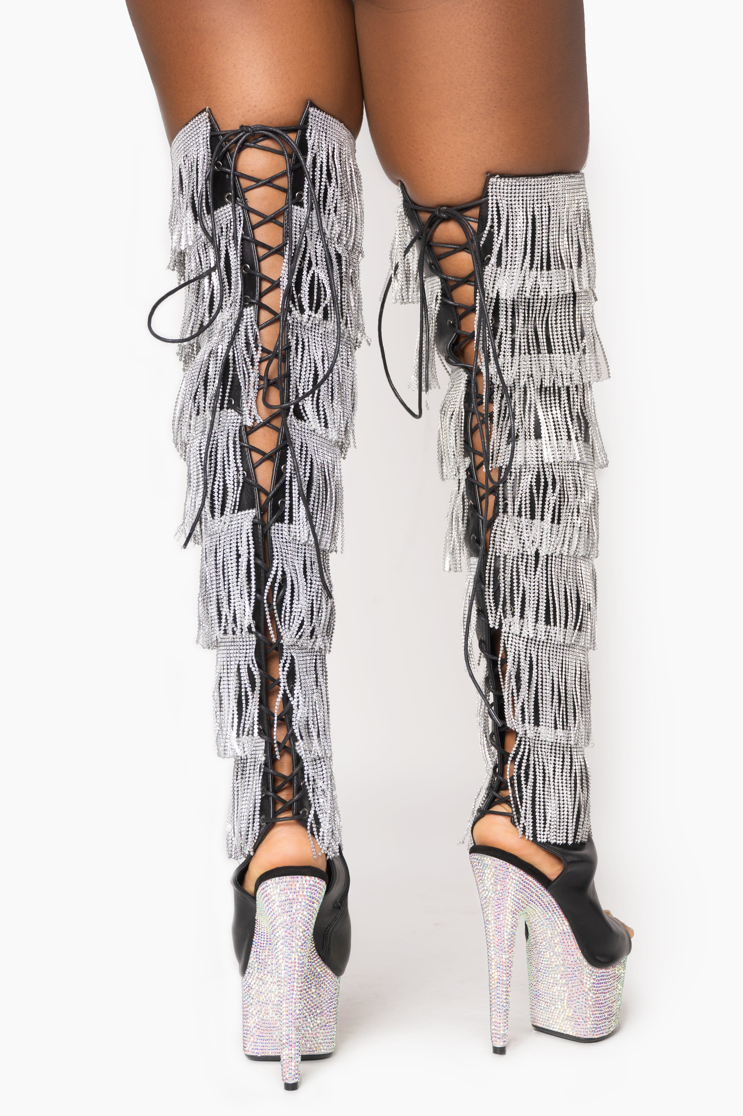Rhinestone Fringe Thigh High Boots with Diamond Platform
