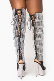 Rhinestone Fringe Thigh High Boots with Diamond Platform