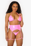 Conjunto de bikini de vinilo rosa intenso con efecto mojado y liguero