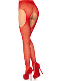 Red Rhinestone Suspender Fishnet Pantyhose
