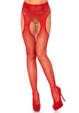 Red Rhinestone Suspender Fishnet Pantyhose