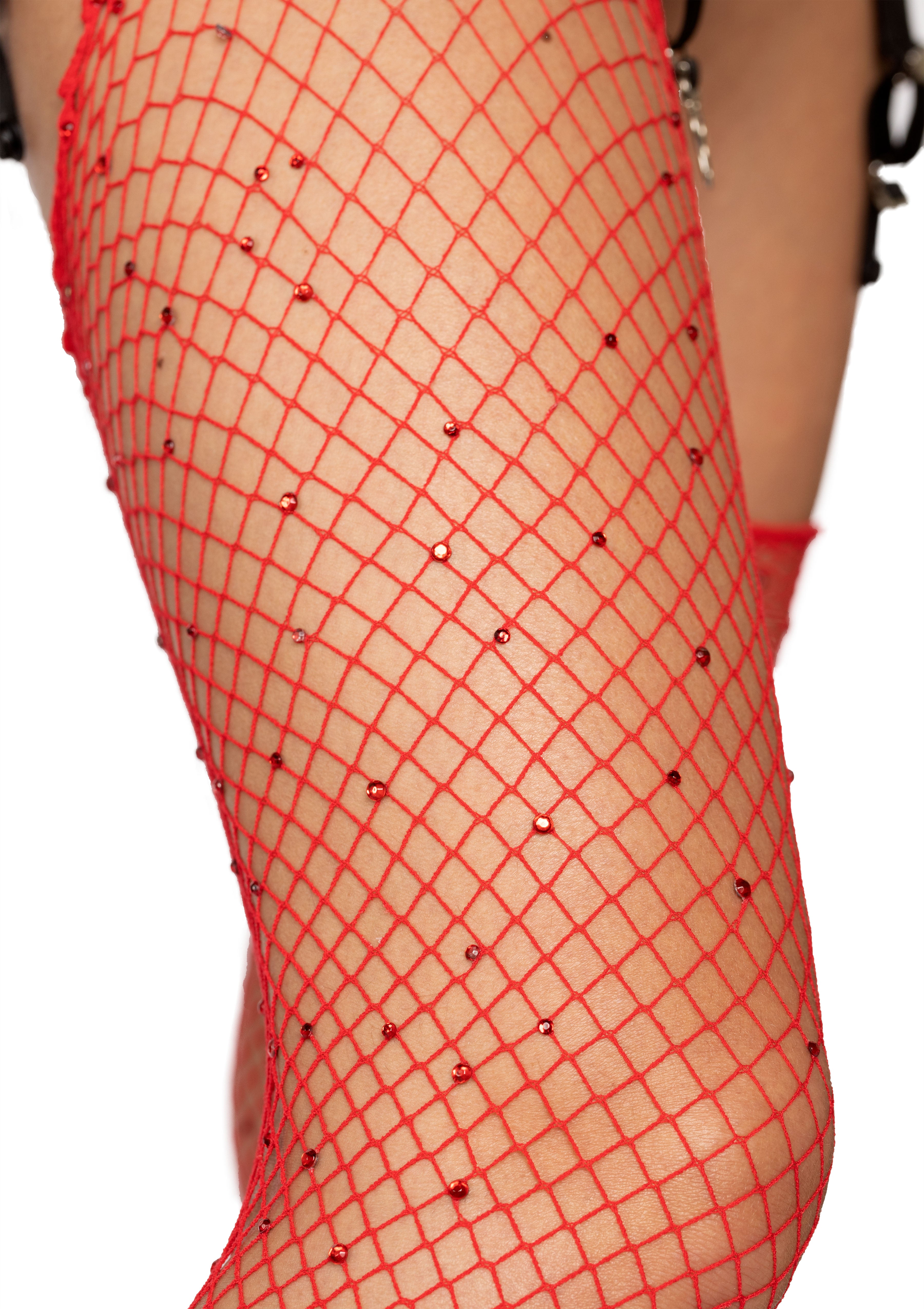 Red Rhinestone Fishnet Thigh Stockings