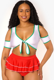 Blusa blanca con hombros descubiertos y lazos en los hombros con detalles verdes
