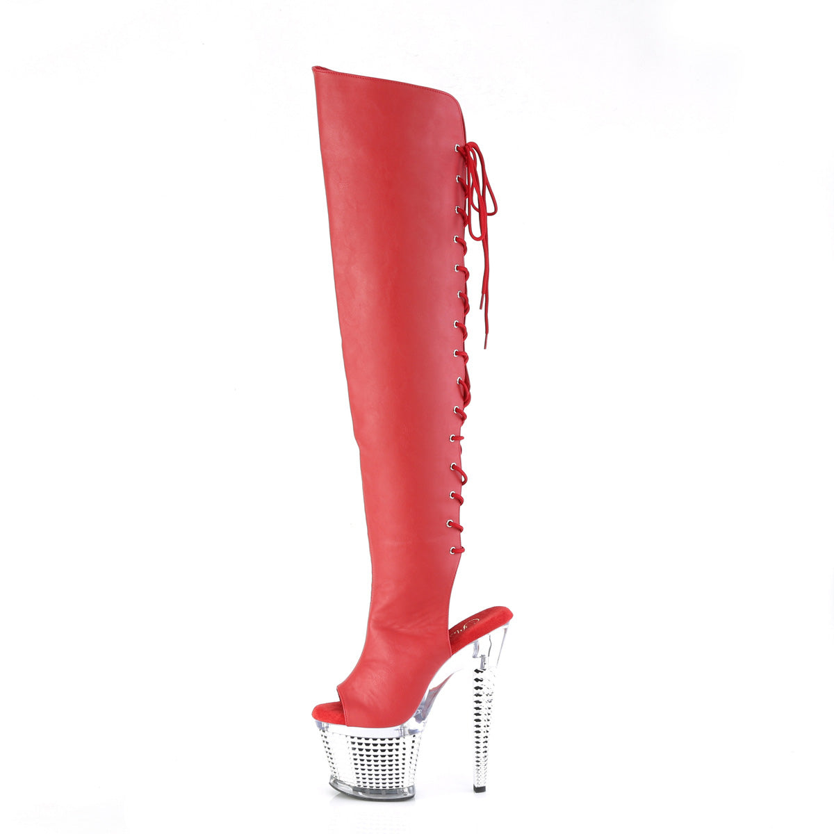Red Thigh High Chrome Platform Boots