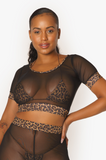 Leopard Accents Black Mesh Crop Top