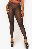 Pantalones de malla negra con detalles de serpiente roja