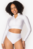 White Long Sleeve Zipper Crop Top