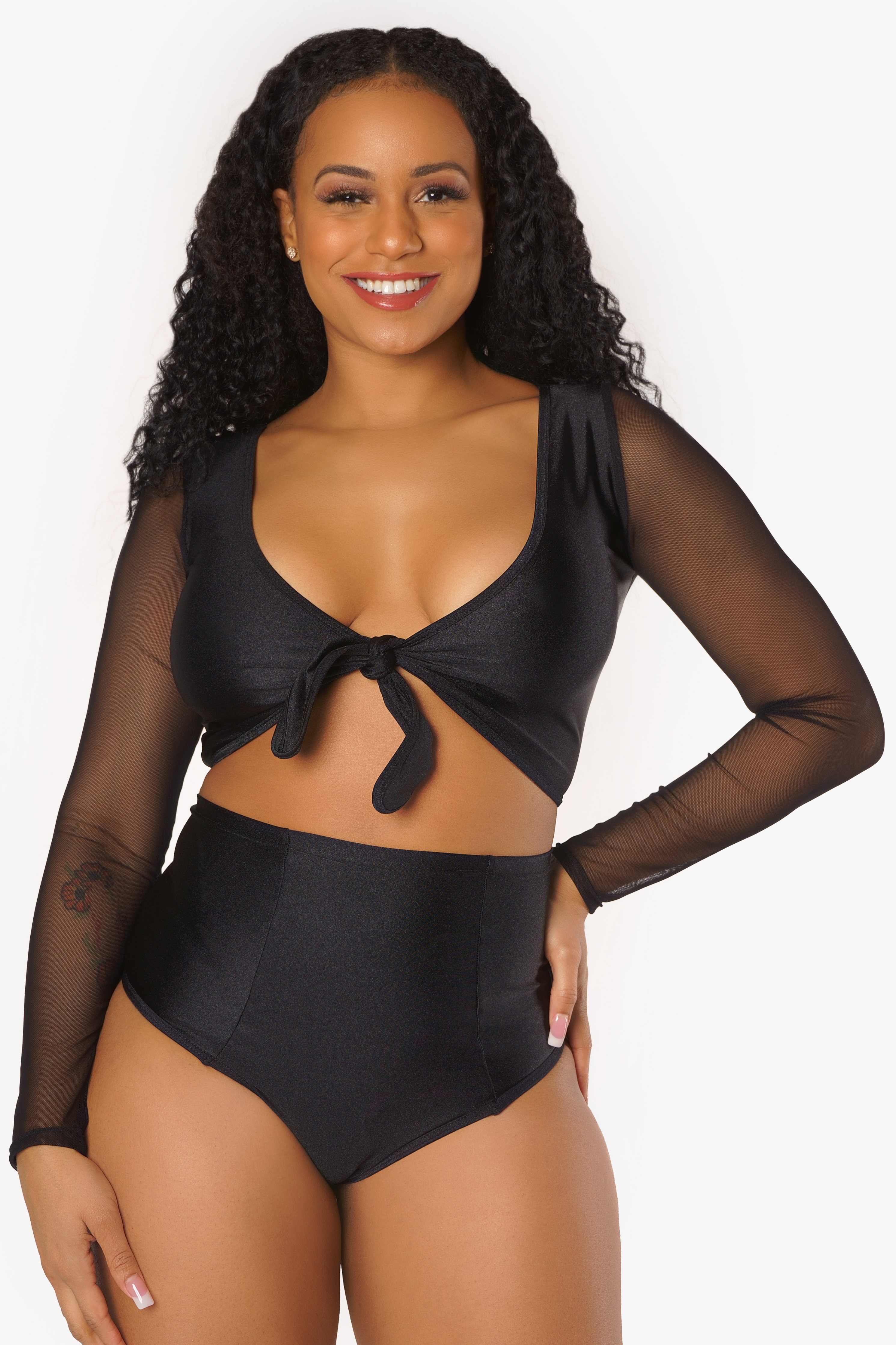 Black Mesh Long Sleeve Tie Up Top