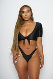 Black Tie Up Short Sleeve Crop Top with Bae Watch Thong Set