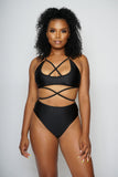 Black Criss Cross Crop Top and High Waisted Bottoms Two Piece Set
