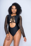 Black Net Lace Up Bodysuit - The Beauty Cave Boutique
