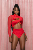 Red Velvet Criss Cross Cut Out Bodysuit with Sheer Long Sleeves