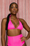 Parte superior de bikini triangular con purpurina rosa neón