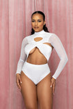 White Velvet Criss Cross Cut Out Bodysuit With Sheer Long Sleeves