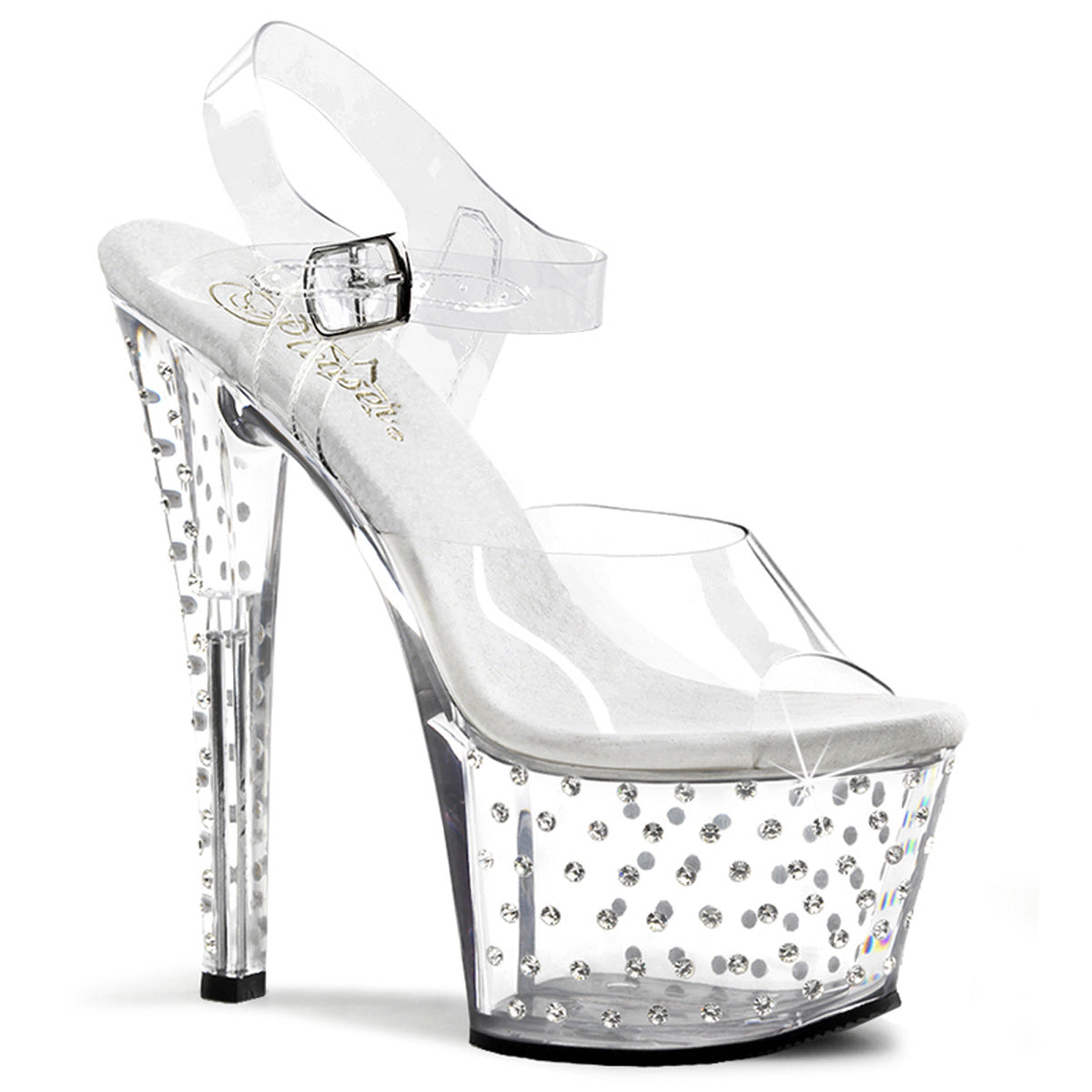 Clear Rhinestone Studded Ankle Strap Sandal Heels