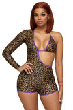 Purple Trimmed Cheetah One Sleeve Bikini Romper