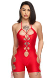 Red Halter Lace Up Romper