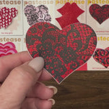Red Glitter Heart Nipple Pasties with Black Lace Overlay | Elegant Adhesive Festival Covers