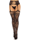 French Rose Garter Belt Fishnet Stockings with Floral Lace & Back Seam Hosiery