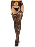 French Rose Garter Belt Fishnet Stockings with Floral Lace & Back Seam Hosiery
