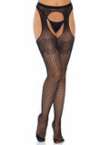 Lux Polka Dot Fishnet Suspender Pantyhose with Lace Top & Cuban Heel