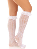 Sweetheart Ruffle Cuff Knee High Socks with Heart Pattern | Cute Lace Hosiery