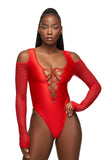 Red Lace Up Shoulder Bodysuit