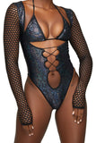 Black Crushed Hologram Open Front Lace Up Bodysuit