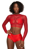 Red Fishnet Long Sleeve Crop Top