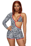 Zebra W/ Red Lining One Sleeve Bikini Romper