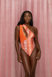Orange Snake Skin Print Asymmetrical Cutout Bodysuit
